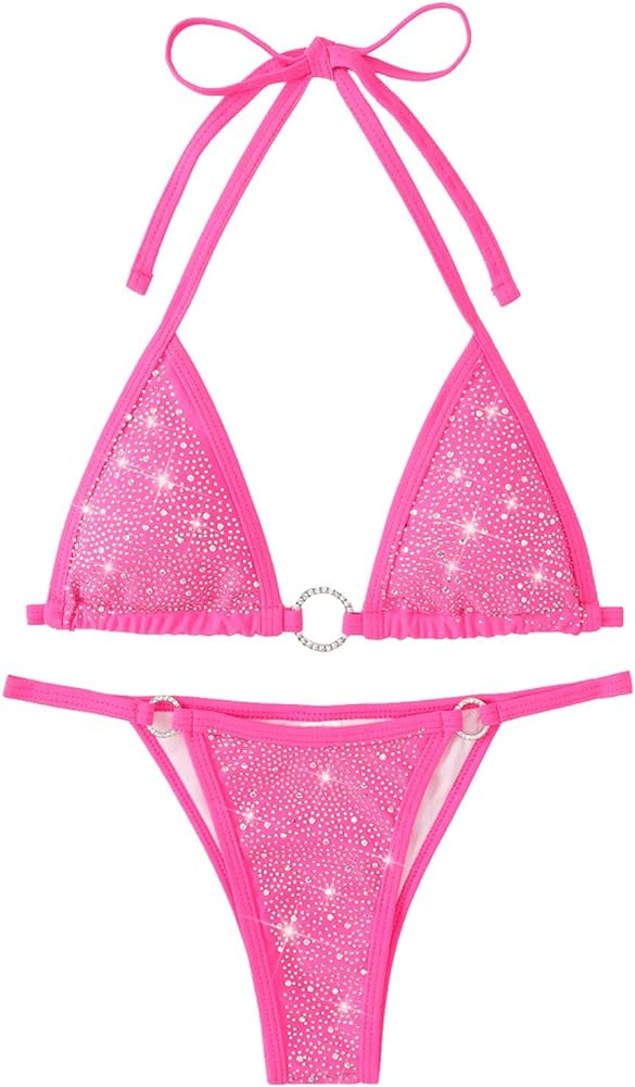 Women's Sparkly Rhinestone Halter Triangle O Ring Top String Thong High Cut Bottom 2 Pieces Bikini Swimsuit Set