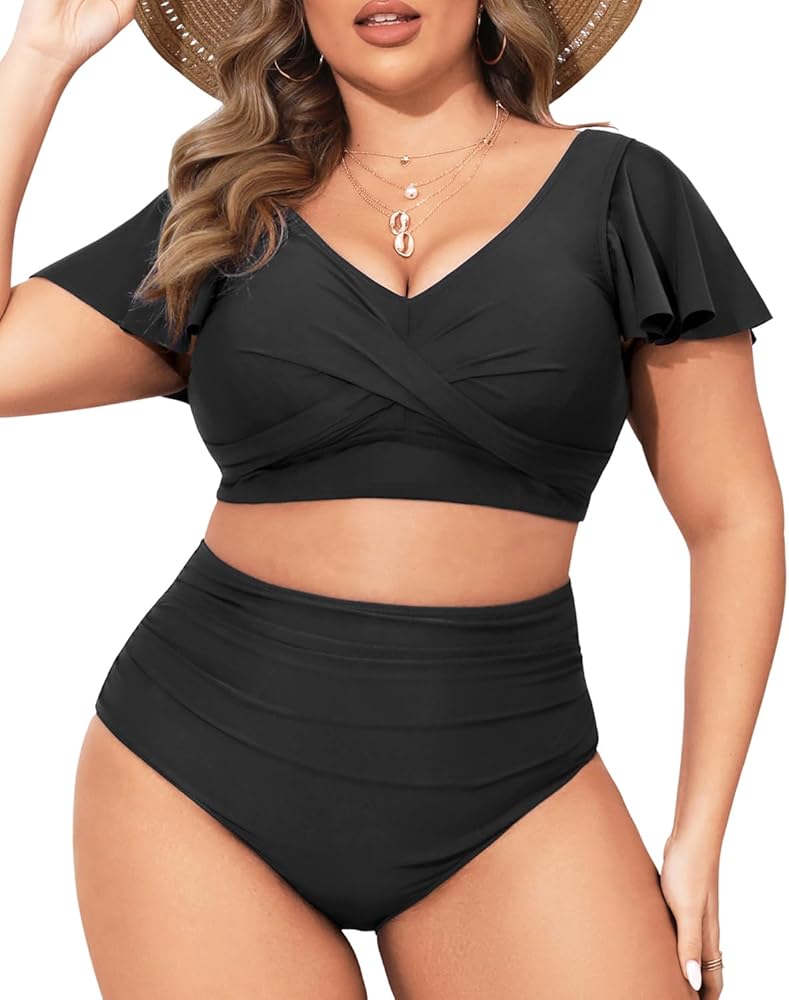 Daci Plus Size Two Piece Swimsuits - High Waisted Bikini with Sleeves for Women Bathing Suit Swimwear