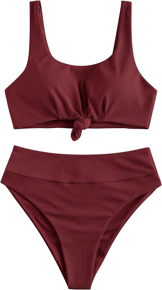 ZAFUL Women's Scoop Neck High Waisted Bikini Tummy Control Sporty Tank Two Piece Bathing Suits Set