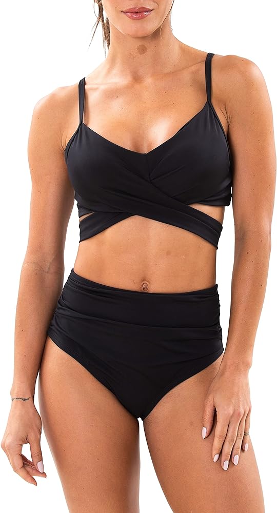 Women's High Waisted Bikini Set W/Twist Front Adjustable Shoulder Straps Two Piece Swimsuit