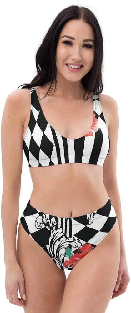 Recycled High Waisted Bikini Set for Women Ashen White Black Stripes