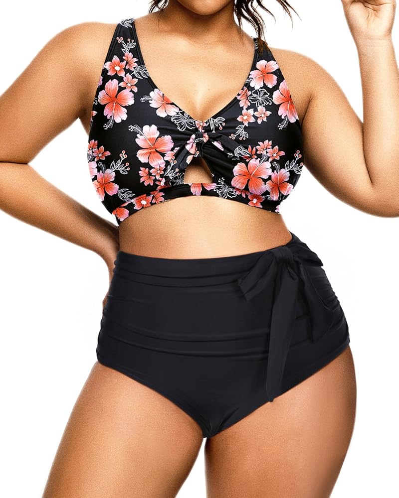 Daci Women 2 Piece Plus Size Bikini Swimsuit High Waisted Bottom Ruched Tie Knot Bathing Suit