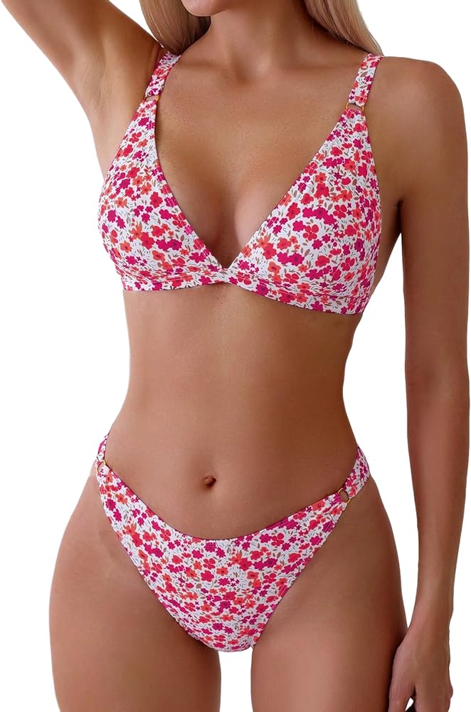 ZAFUL Women's 2 Piece Floral Print swimsuit Triangle String High Cut Bikini Sets Bathing Suit