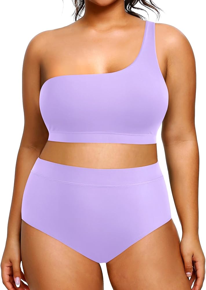 Tempt Me Women Plus Size High Waisted Bikini Two Piece One Shoulder Swimsuit