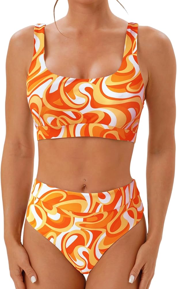 High Waisted Two Piece Swimsuits for Women Tummy Control Tankini Bathing Suits Sporty Printed Swimwea