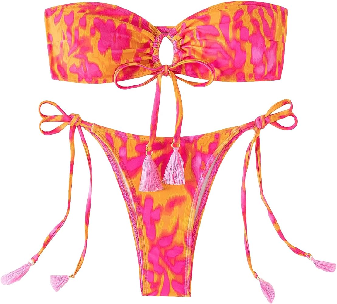 GORGLITTER Women's Floral Swimsuit Strapless Bandeau High Cut Tie Side Thong Bikini Set Bathing Suit