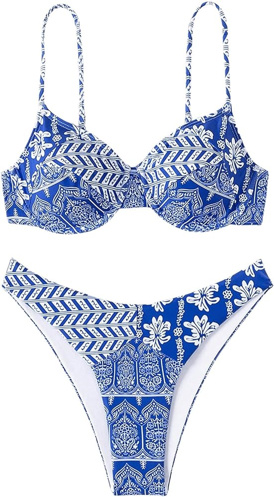 Women's 2 Piece Floral Print Underwire Bikini Set High Waisted Bathing Suit Boho Bikini Set Swimsuit Beachwear