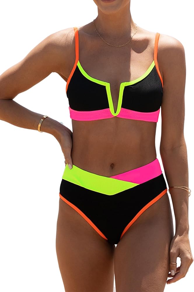 popvil Women's Sexy V Neck Bikini Sets High Waisted Bathing Suit Color Block Swimsuits