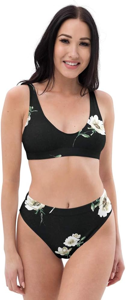 Recycled High Waisted Bikini Set for Women Night Shadow White Flower Floral