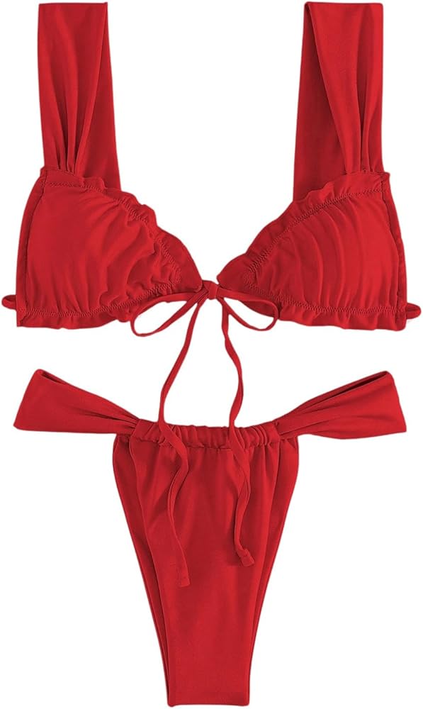 WDIRARA Women's 2 Piece Ruched Tie Back Swimsuit High Cut Cheeky Stylish Bikini Set