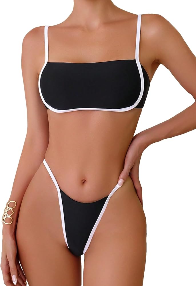 SOLY HUX Women's Contrast Binding Tie Back Bikini Set 2 Piece Swimsuit Bathing Suits Plain Black XS