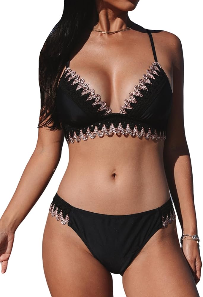 CUPSHE Women's Bikini Sets Two Piece Bathing Suit Plunging Deep V Neck Mid Rise Crisscross Self Tie Cheeky