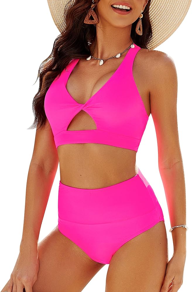 GRAPENT Bikini Sets for Women High Waisted Bathing Suits Cut Out 2 Pieces Swimsuits Beach Outfit Twist Swimming Wear