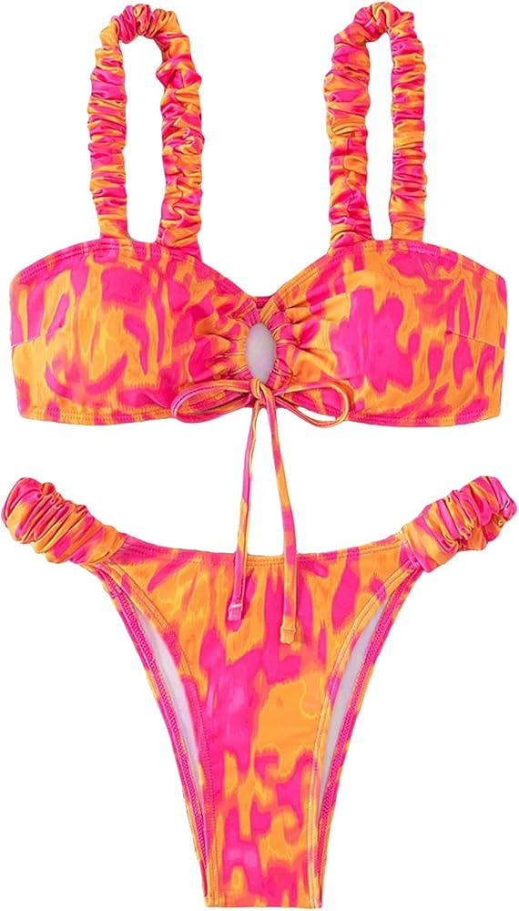 SOLY HUX Women's Bikini Sets High Waisted Bathing Suits Two Piece Swimsuits Allover Print Tie Front Swimwear