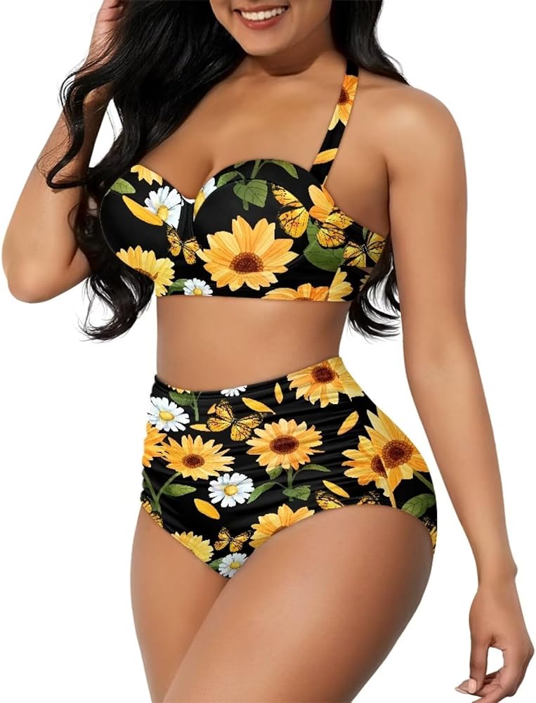 Women Two Piece Swimsuit High Waisted Tummy Control Bikini Sets Halter Ruched Swimwear