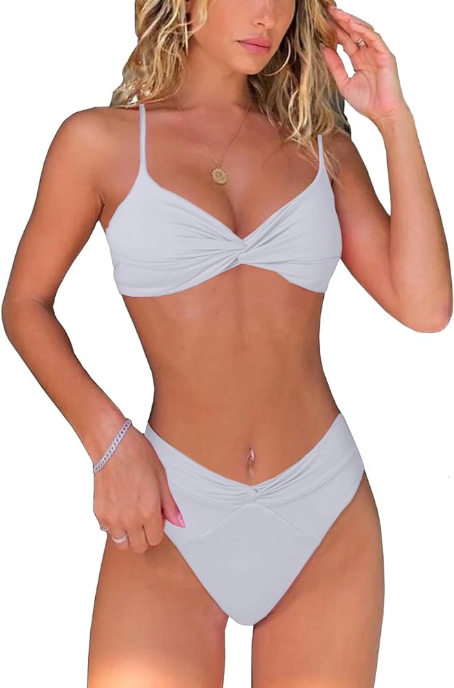 Women's Solid V Neck Adjustable Spaghetti Strap Twist Front Bikini Set Cheeky V Cut High Waisted Two Piece Swimsuit