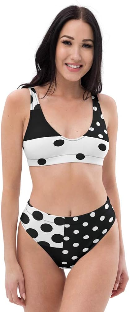 Recycled High Waisted Bikini Set for Women Black Ashen White Polka Dots