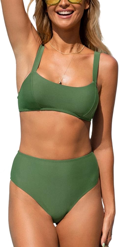 CUPSHE Women Swimsuit Bikini Set Two Piece High Waisted Cutout Bathing Suit with Fixed Wide Straps