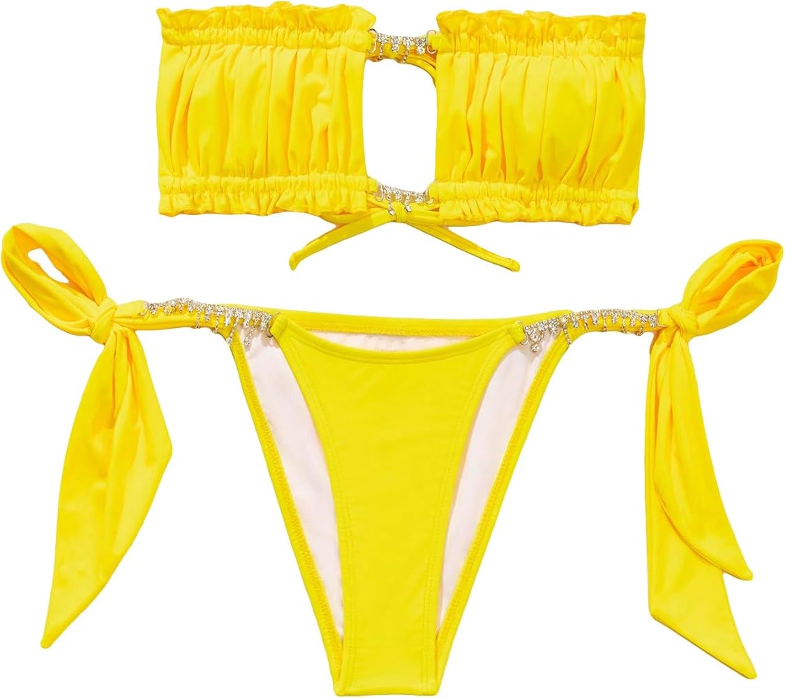 OYOANGLE Women's 2 Piece Bandeau Bikini Set Ruffle Tie Back High Cut Swimsuit Bathing Suits