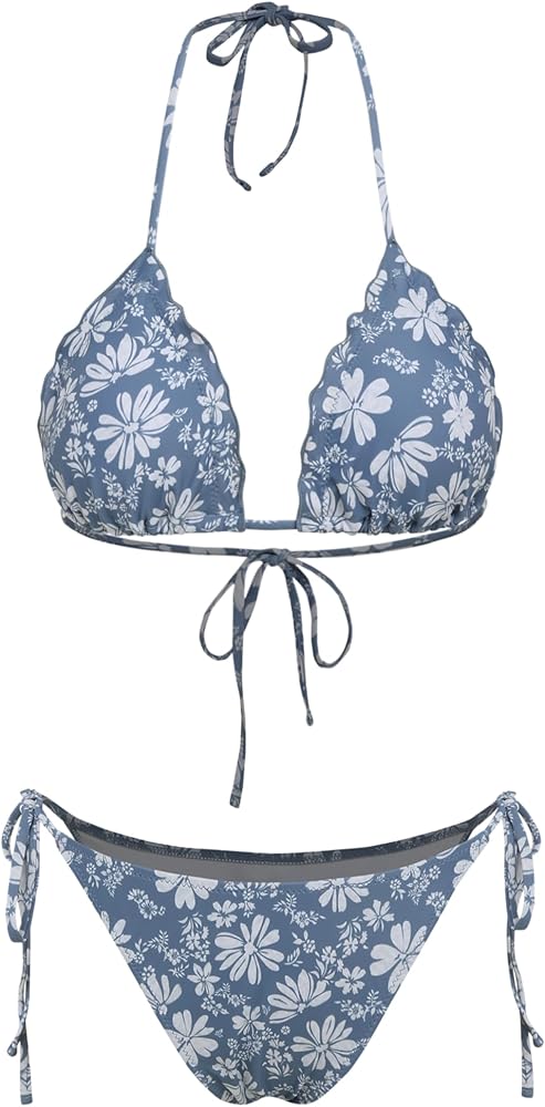 CIDER Halter Floral Lettuce Trim Bikini Set