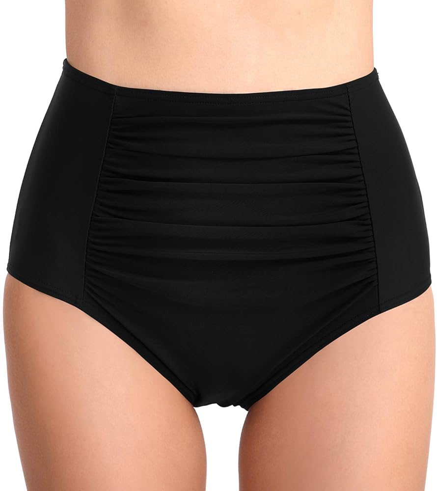 Women's High Waisted Bikini Bottoms Tummy Control Swim Bottoms Full Coverage Ruched Swimsuit Bathing Suit Bottom