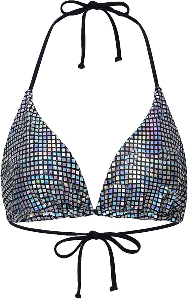 GORGLITTER Women's Glitter Halter Bikini Top Rhinestone Swimsuit Tops