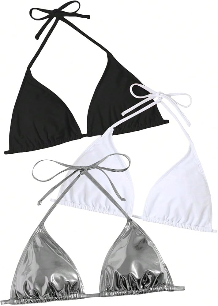 Floerns Women's Plus Size 3 Piece Halter Triangle Swimsuit Bikini Top Set