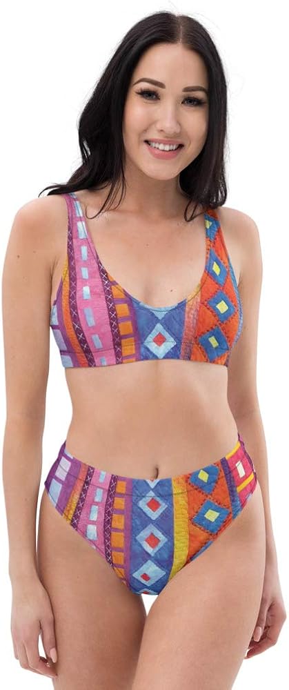 Recycled High Waisted Bikini Set for Women Showy Rainbow Geometry Stripe