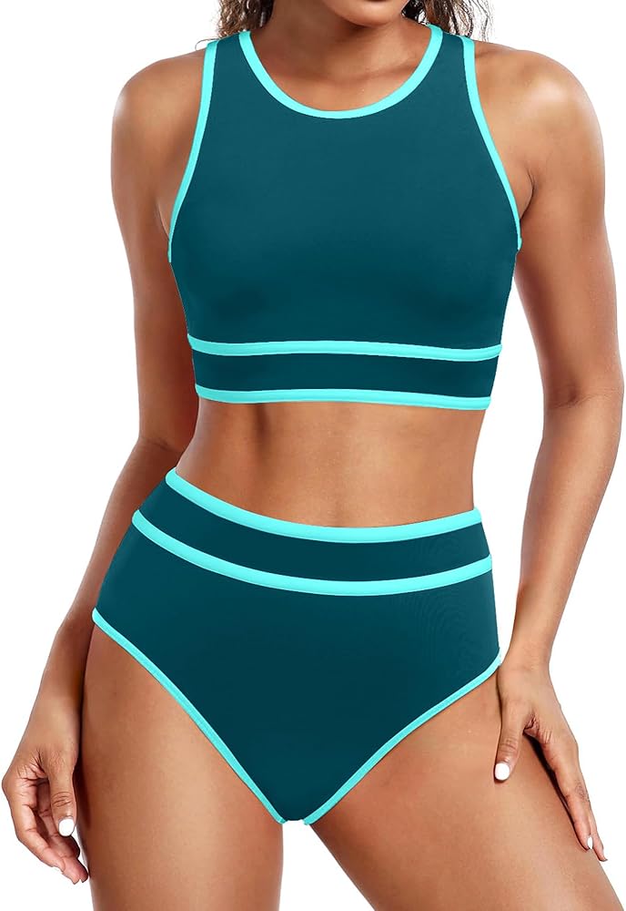 Womens High Waisted Bikini Set Two Piece Swimsuit High Neck Tops Bathing Suit Full Coverage Tummy Control Tankini