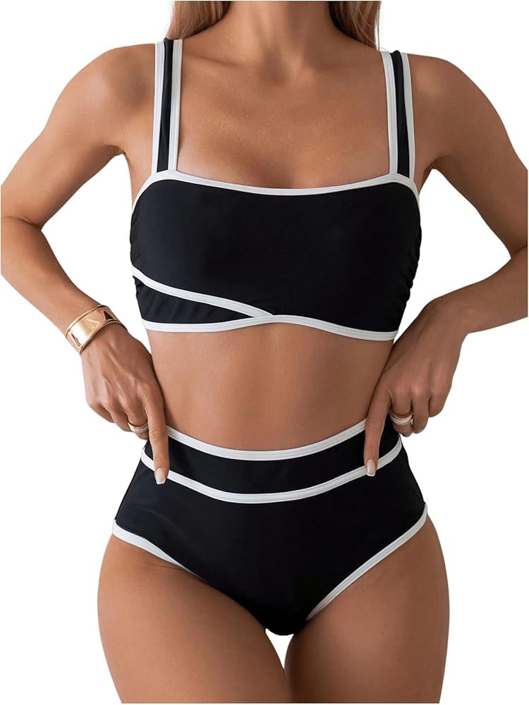 Verdusa Women's Colorblock High Waisted Bikini Swimsuit Contrast Binding 2 Piece Bathing Suits