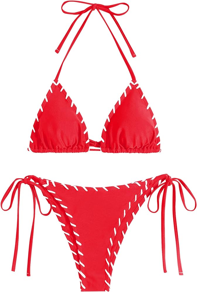 ZAFUL Women Bikini Set Two Piece Twisted Trim Tie Back Halter Cheeky Swimsuit Bathing Suit