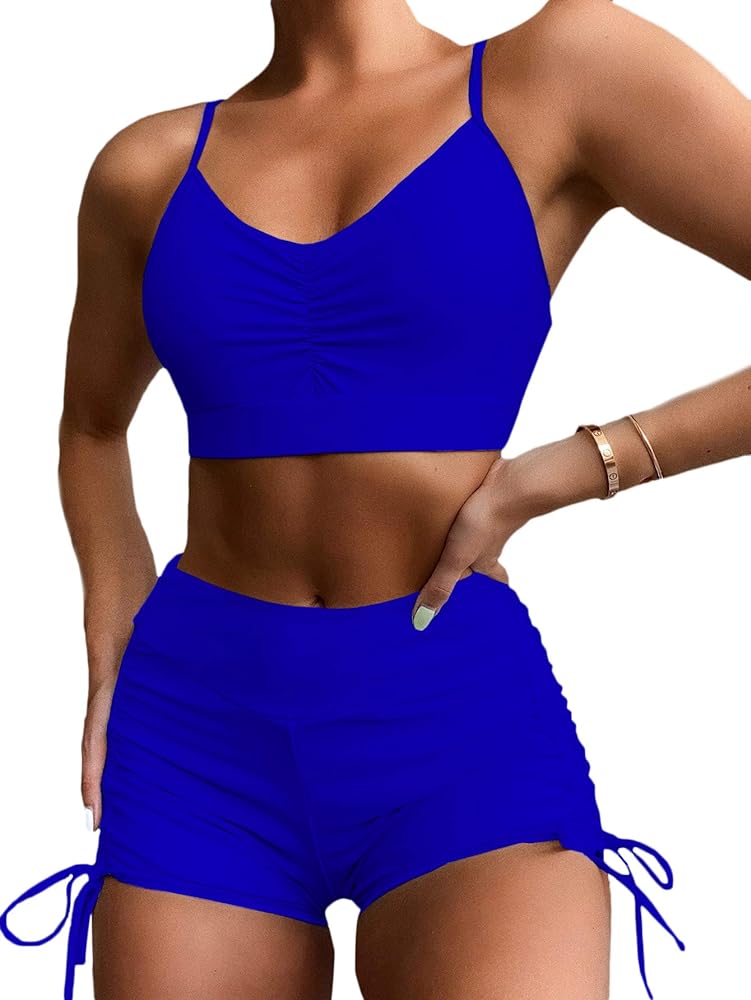 Floerns Women's Tie Dye Ruched Bikini Sets 2 Piece Bathing Suit High Waist Swimsuit with Shorts Royal Blue