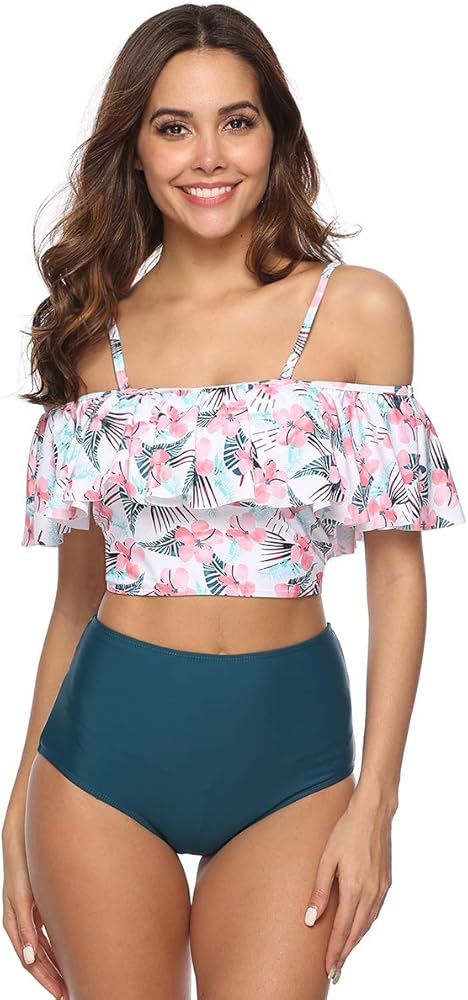 Women Bikini Swimsuit Two Piece Off Shoulder Ruffled Flounce Crop Top High Waisted Tankini Set Swimming Bathing Suit Swimwear