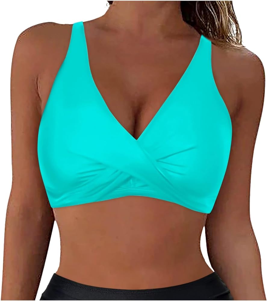 2024 Women Halter Bikini Bathing Suit Tops with Removable Bra Swim Top Twist Front Ruched Swimsuit Top