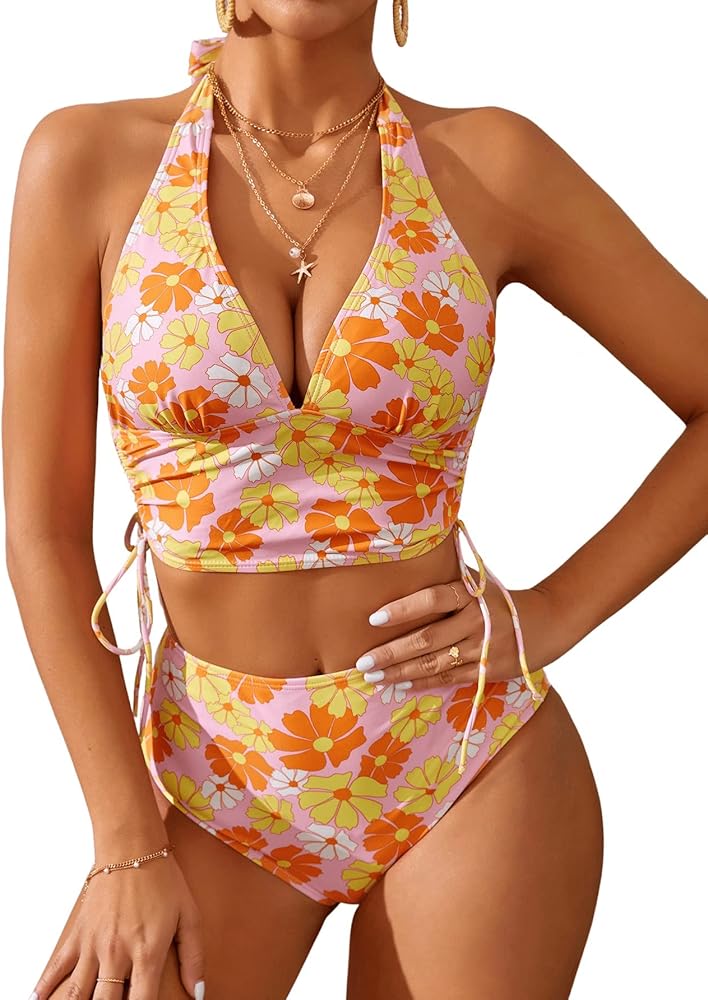 SweatyRocks Women's Floral Print 2 Piece Swimsuit Tie Side Halter High Waisted Bikini Bathing Suit