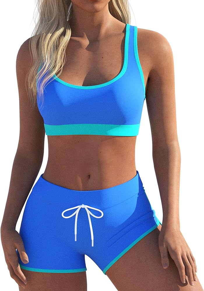 Womens Sport Two Piece Swimsuits Racerback Tops Boyshort Bottom