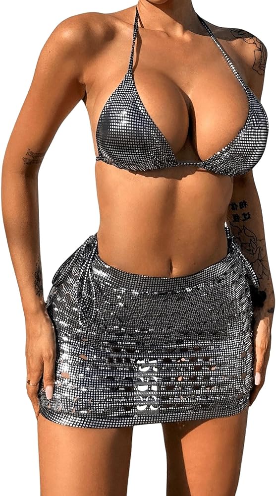 Women's 3 Pieces Swimsuits Metallic Halter Triangle Tie Side High Cut Bikini Set with Beach Skirt