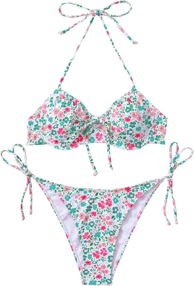 SOLY HUX Bikini Sets for Women Floral Print Halter Tie Side Underwire Bathing Suit Two Piece Swimsuit