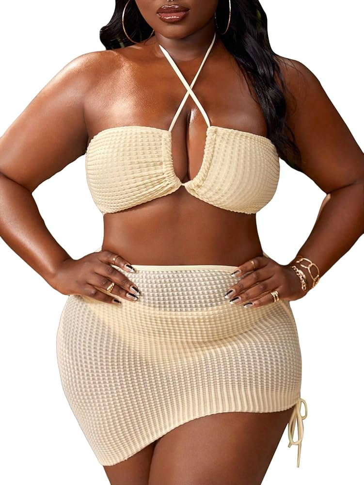 SHENHE Women's Plus Size Halter Swimsuits High Waisted 3 Piece Bikini Set with Cover Up Skirt