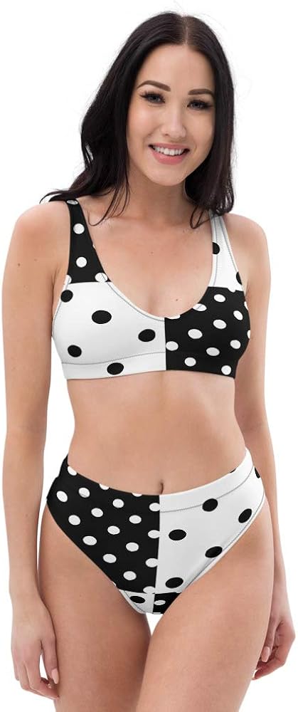 Recycled High Waisted Bikini Set for Women Black Chalky White Polka Dots