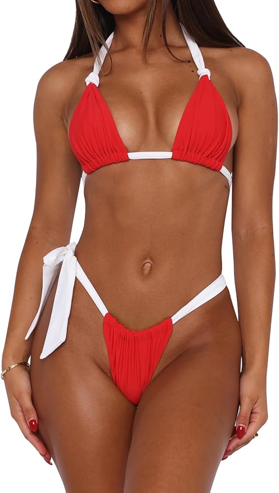 Triangle String Bikini Set for Women Color Block Thong Bikini Sexy Halter Neck Swimwear Brazilian Bathing Suit