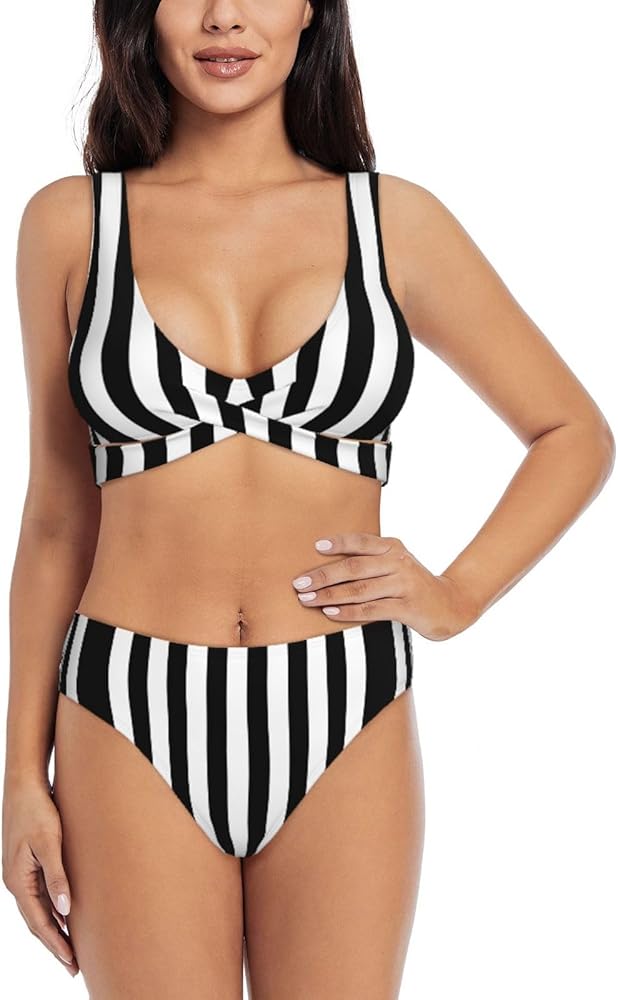 Black & White Stripe Print Bikini Set for Women Soft, Stretchy, and Stylish Swimwear for Beach Pool, and Vacation