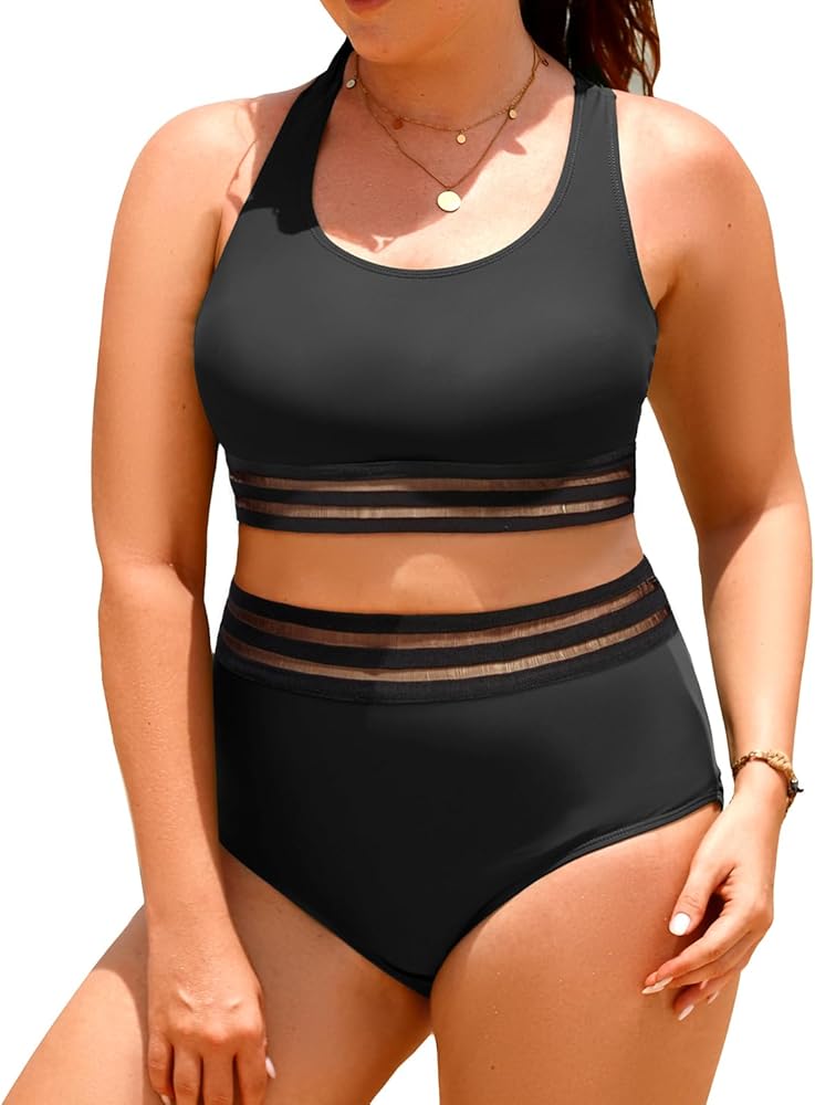 Aqua Eve Plus Size Two Piece High Waisted Bikini Swimsuits Scoop Neck Bikini Set Sporty Bathing Suits