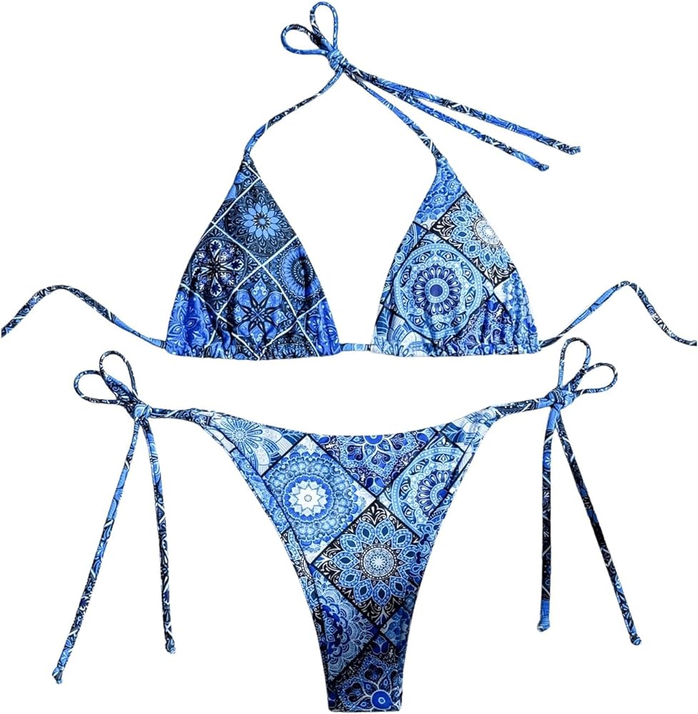 Women's 2 Piece Bikini Sets Floral Halter Boho Triangle Bikini Swimsuit Set Tie Side High Cut Thong Bathing Suit