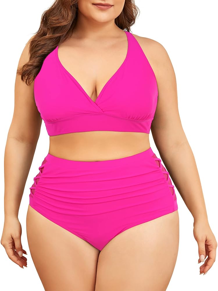 Womens Plus Size Bikini Tummy Control Swimsuits Two Piece Bathing Suits High Waisted Swimwear