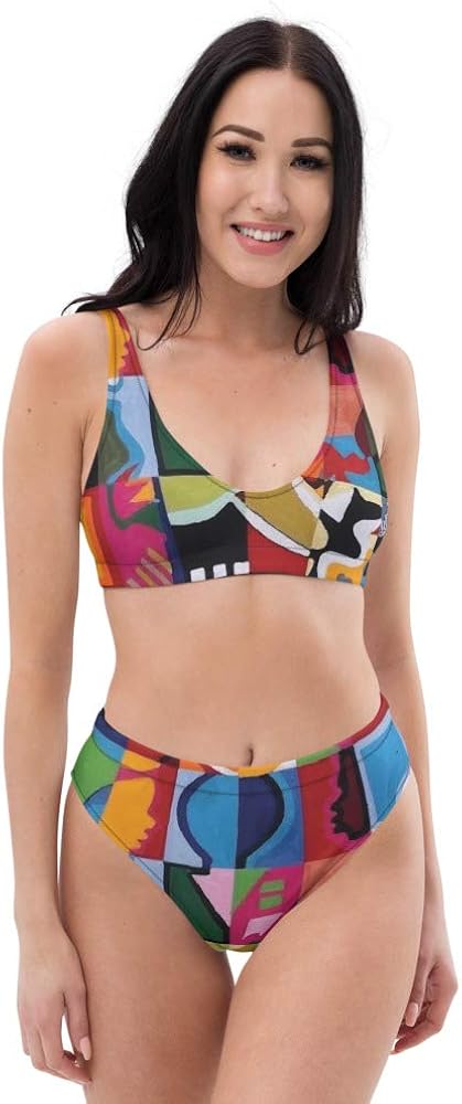 Recycled High Waisted Bikini Set for Women Grid Jazzy Colorful Patchwork