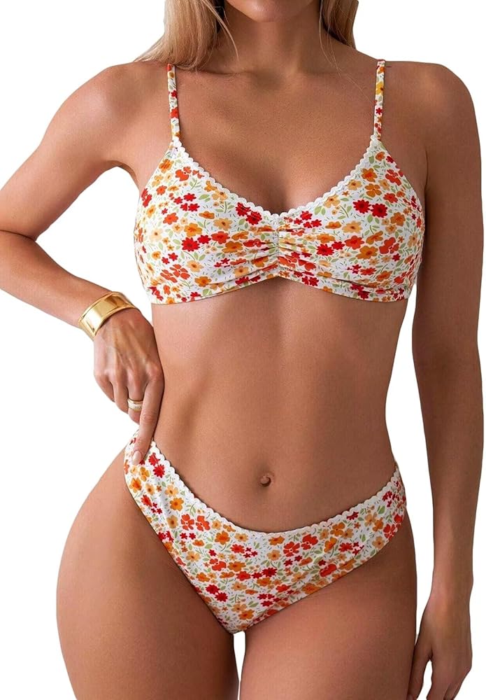 Women's Floral Print Bathing Suit Lace Trim Split Spaghetti Strap Summer Swimsuit Bikini Set