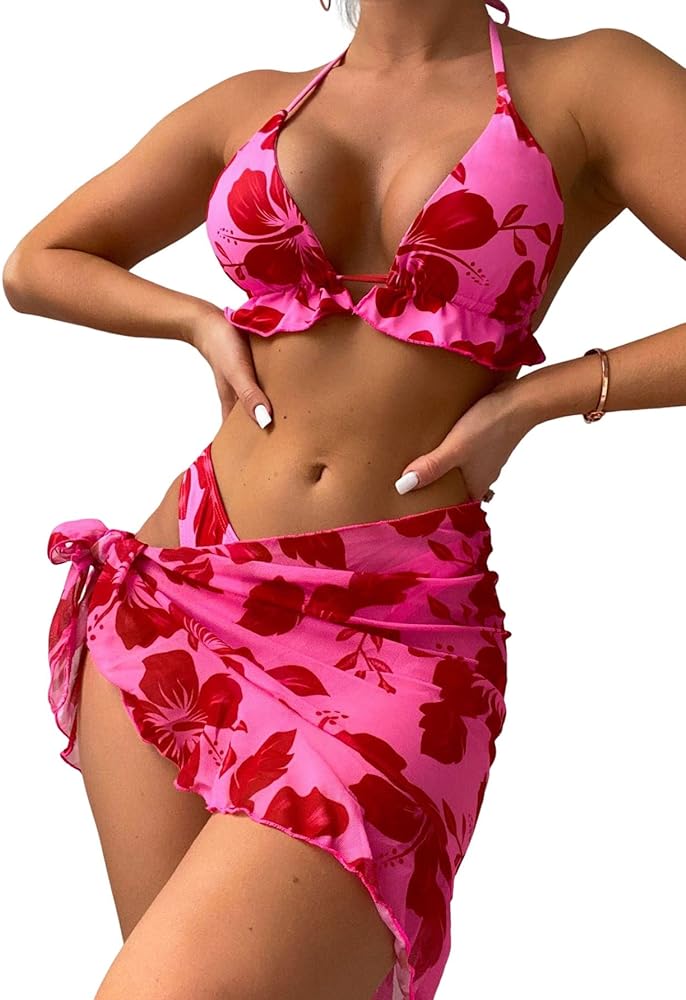 WDIRARA Women's 3 Pack Floral Print Underwire Sexy Bikini Swimsuit & Beach Skirt