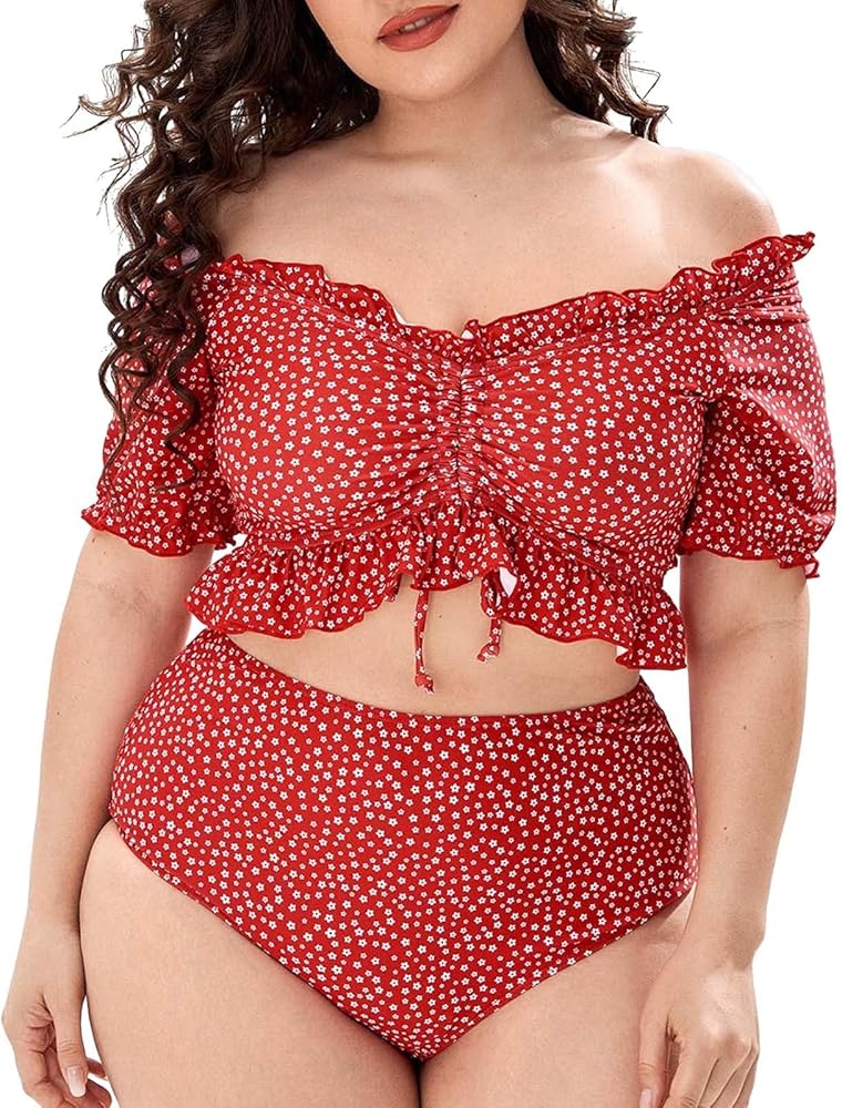 Women Plus Size 2 Bikini Set Off Shoulder Drawstring Front Top and High Waist Bottom Swimwear Floral Print Swimsuit