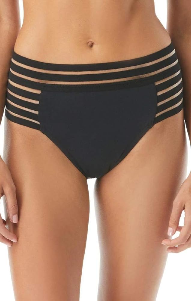 Vince Camuto Coastlines Mesh Elastic High-Waist High Leg Bikini Bottoms Black LG